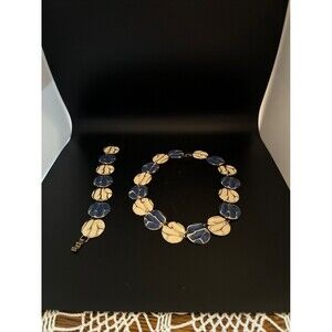 Blue & White Enameled with Gold Necklace/Bracelet Vintage 16/7 in Set